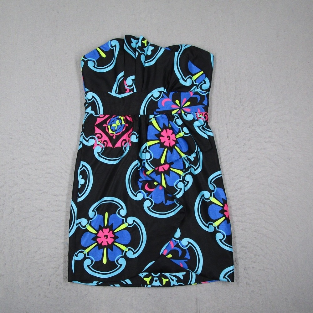 Rubber Ducky Productions Womens Strapless Floral Mini Dress Black Blue Pink M